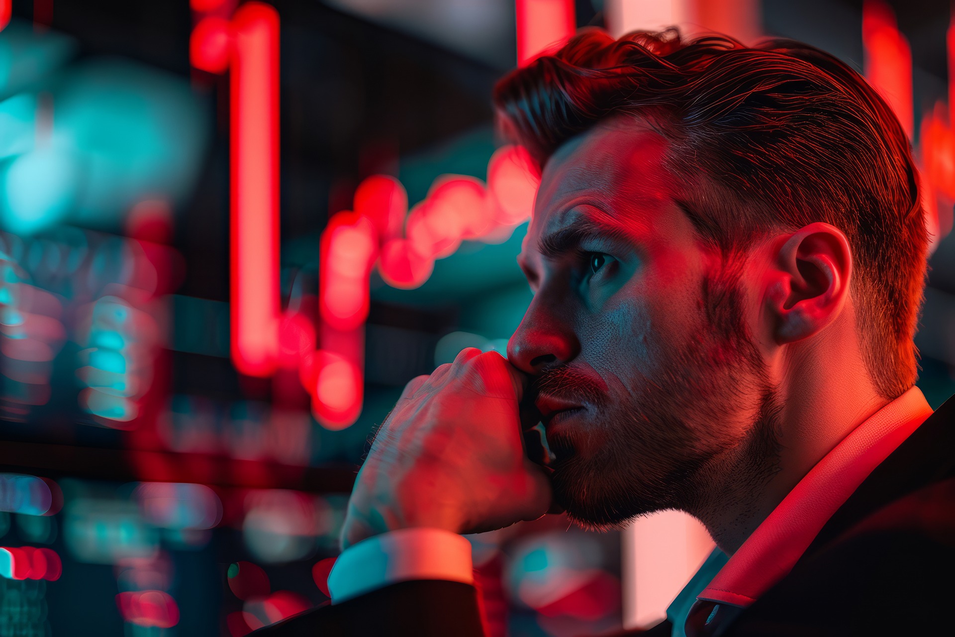 Man watching the stock market sliding into red