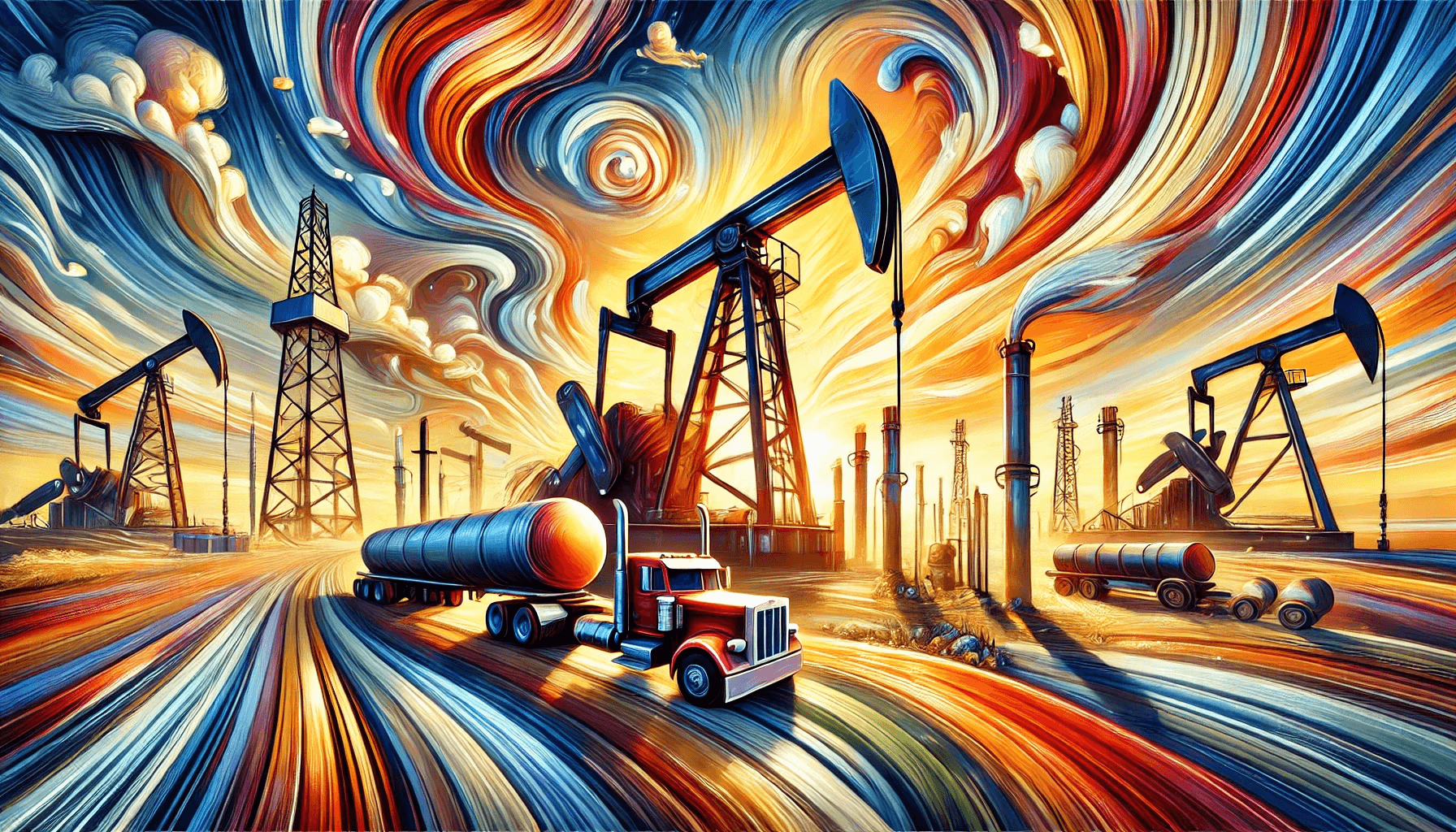 A unique and creative depiction of America's prospering oil and gas industry. The vibrant colors, dynamic strokes, and surreal representation capture the energy, motion, and booming expansion of the sector. This abstract approach emphasizes the power and intensity of the industry, blending vivid tones with exaggerated features to represent growth and innovation.